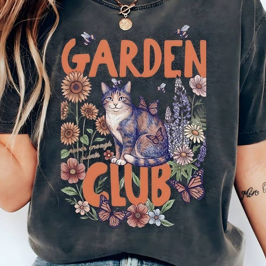 Garden Club Shirt Cat Lovers Gift - Water-washed Black - View 1