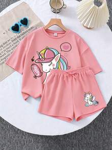 Cartoon Unicorn Print Short Sleeve T-Shirt And Shorts Casual Outfit For Young Girls - Pink - View 1
