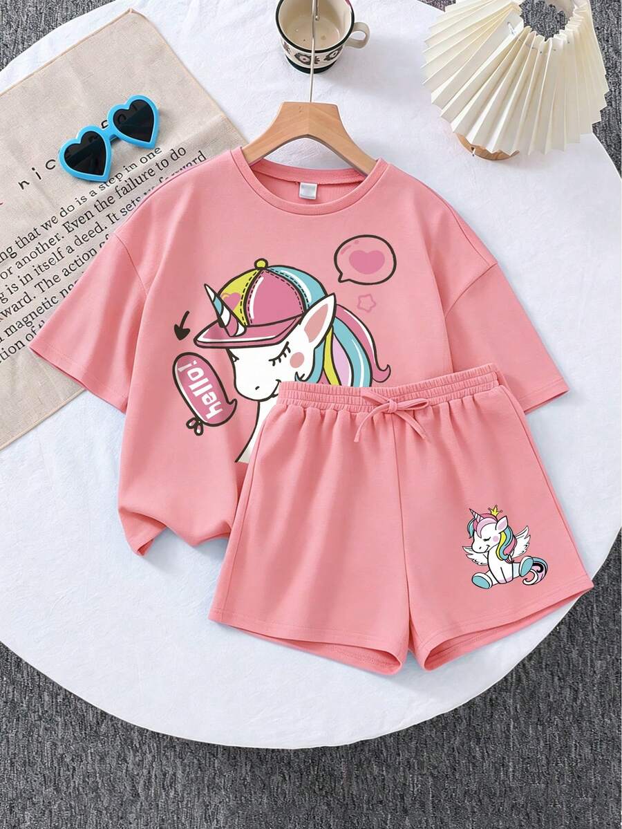 Cartoon Unicorn Print Short Sleeve T-Shirt And Shorts Casual Outfit For Young Girls - Pink - View 1