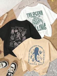 3pcs Women's Casual Colorful Letter, Sea, Turtle, Dolphin, Jellyfish Graphic Print Round Neck Short Sleeve T-Shirt Set, Versatile & Practical, Suitable For Women's Tops, Holiday Leisure, And Spring Wear Summer - Nhiều màu 3 - Xem 8