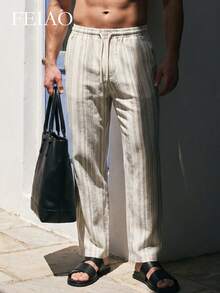Feio Men's Vintage Striped Linen-Feel Straight Leg Pants, Suitable For All Seasons. Perfect For Casual, Work And Vacation - smoke gray - View 3