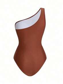 Traje de baño de una pieza para mujer para playa piscina vacaciones semana santa brunch y salidas a la playa, diseño de hombro único con drapeado y tul transparente que resalta la silueta color marrón sólido tela elástica de secado rápido apto para verano y temporadas cálidas - Caqui - Ver 11