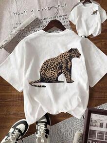 Women's Casual Short-Sleeved Round Neck T-Shirt With Leopard Print, For Summer - 白色 5 - 查看 1