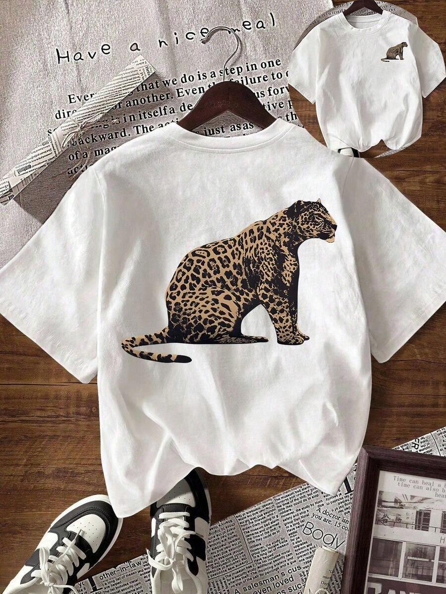 Women's Casual Short-Sleeved Round Neck T-Shirt With Leopard Print, For Summer - 白色 5 - 查看 1