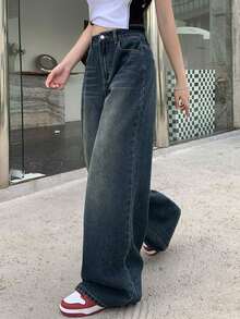 Pantalones Vaqueros Casuales con Cintura Alta, Lavado Desgastado y Diseño Holgado, Perfecto para Look de Verano y Eventos Nocturnos - Azul lavado oscuro - Ver 8