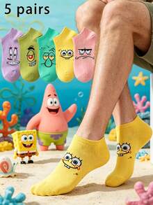 SpongeBob SquarePants 5双男女通用马卡龙色卡通印花低帮透气趣味休闲袜，适合所有季节 - 彩色 - 查看 6