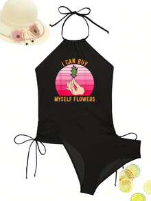 Women'S I Can Buy Myself Flowers Halter Neck Two-Piece Tankini Swimsuit, High-Stretch Pink White Print Beachwear - 黑色 - 查看 7