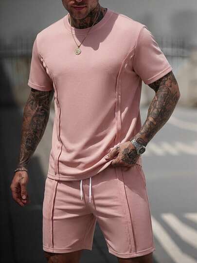 Summer New Arrival, Soft Beige Deconstructed Stripe Splice Set, Thin Short Sleeve Top + Drawstring Shorts, Student & Casual Wear 2 Pieces Set