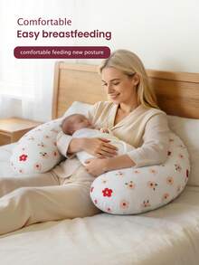U-Shaped Nursing Pillow For Breastfeeding – Soft Comfortable Feeding Cushion For Moms & Newborns, Removable Washable Cover - Small Red Flowers - View 5