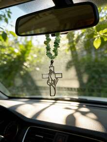 1pc Stone Chain Prayer Cross Car Pendant Car Rearview Mirror Ornament Car Interior Decoration Accessories - A - View 6