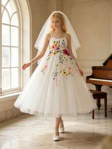 Vestido formal de comunión, baile de graduación, boda, fiesta de cumpleaños, fiesta en la playa para niñas preadolescentes con bordado floral y espalda descubierta - Blanco - Ver 1