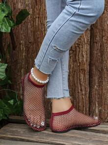 2026 Spring/Summer New Soft Round Toe Fishnet Socks Rhinestone Slip-On Casual Outdoor Breathable Large Size Hollow Sandals Flat Shoes - Burgundy - View 6