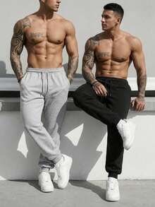 2 piezas Pantalones deportivos casuales para hombres, pantalones de chándal con cintura con cordón y puños elásticos - Multicolor - Ver 8