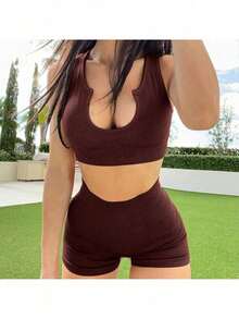 Workout Sets For Women 2 Piece Seamless Ribbed Crop Tank High Waist Shorts Yoga Outfits - Coffee Brown - View 3