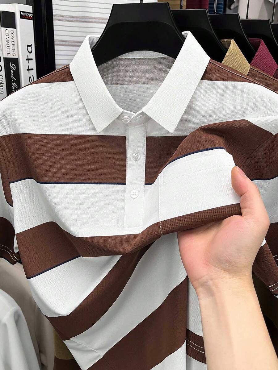 Pro Man Wardrobe Colorblock Striped Summer Polo Shirt, Men's Short Sleeve Business Casual - Rust Brown - View 1