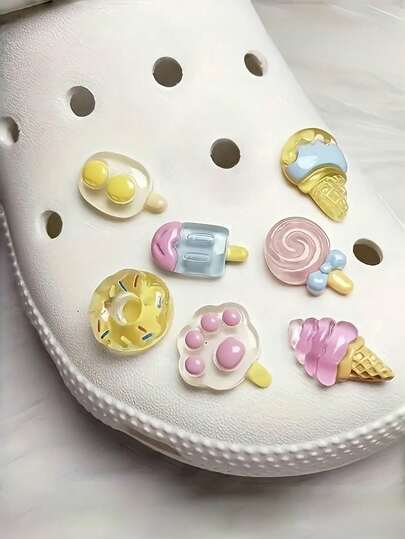 7 Stücke transparente Eiscreme, Katzenpfoten Doppel-Eiskugel, Waffelkegel, Lutscher Schuh Charms Set, geeignet für Cut Out Clogs, Strandsandalen