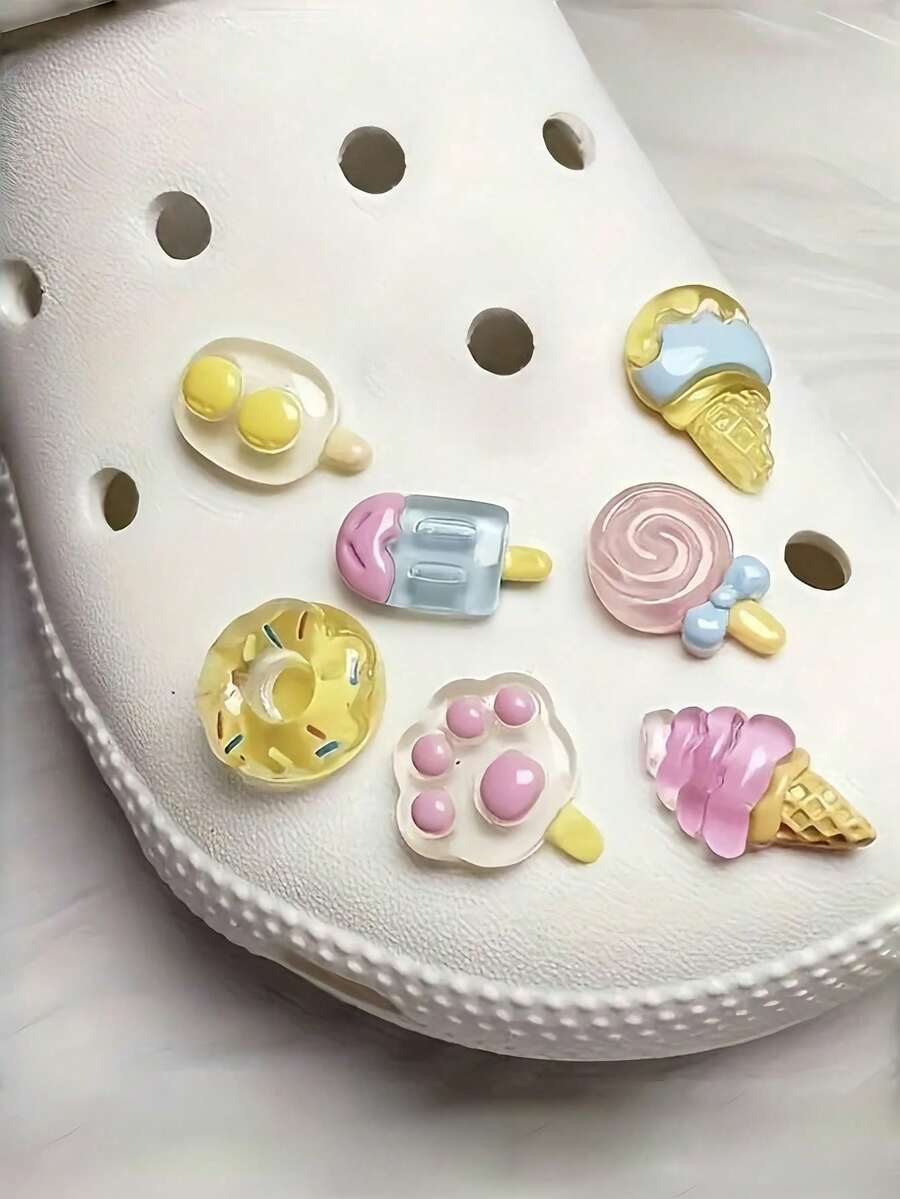 7pcs Transparent Ice Cream, Cat Paw Double Scoop Ice Cream, Waffle Cone, Lollipop Shoe Charms Set, Suitable For Hollow Out Clogs, Beach Sandals - Multicolor - View 1
