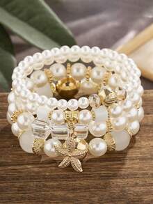 Set de 4 piezas de nuevos brazaletes multicapa con estrella de mar, perla y cristal, brazaletes bohemios creativos con cuentas para niña - Multicolor - Ver 7