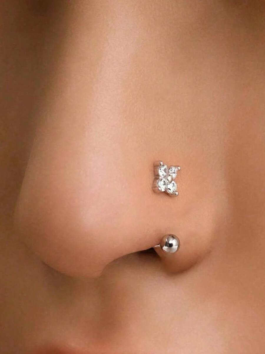 1 pieza Aro de nariz/pendiente en forma de C con trébol de cuatro hojas, joyería versátil de diseño exclusivo unisex - Plateado - Ver 1