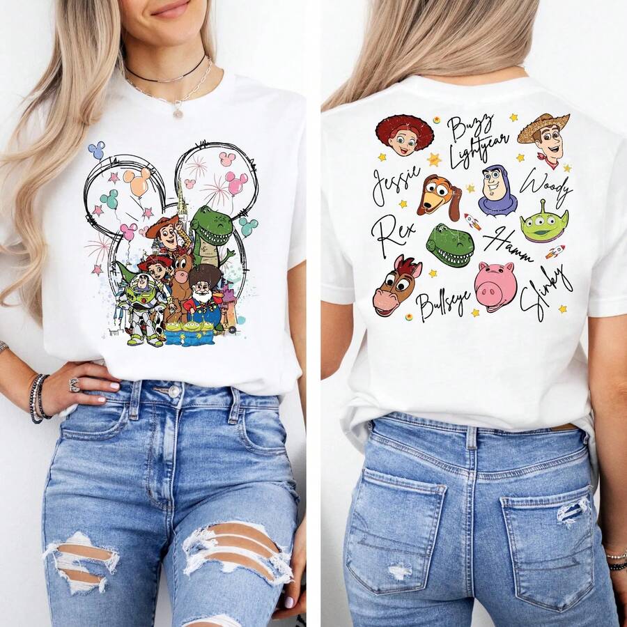Loose Oversize Disney Toy Story Shirt, Woody Jessie Buzz Lightyear Signature T-Shirt, Disneyland Family Trip 2026 Sweatshirt, WDW Kids Tee - trắng - Xem 1