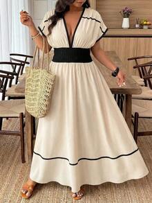 Weeklong Vestido de mujer talla grande con cuello en V profundo y estampado aleatorio - Albaricoque - Ver 3