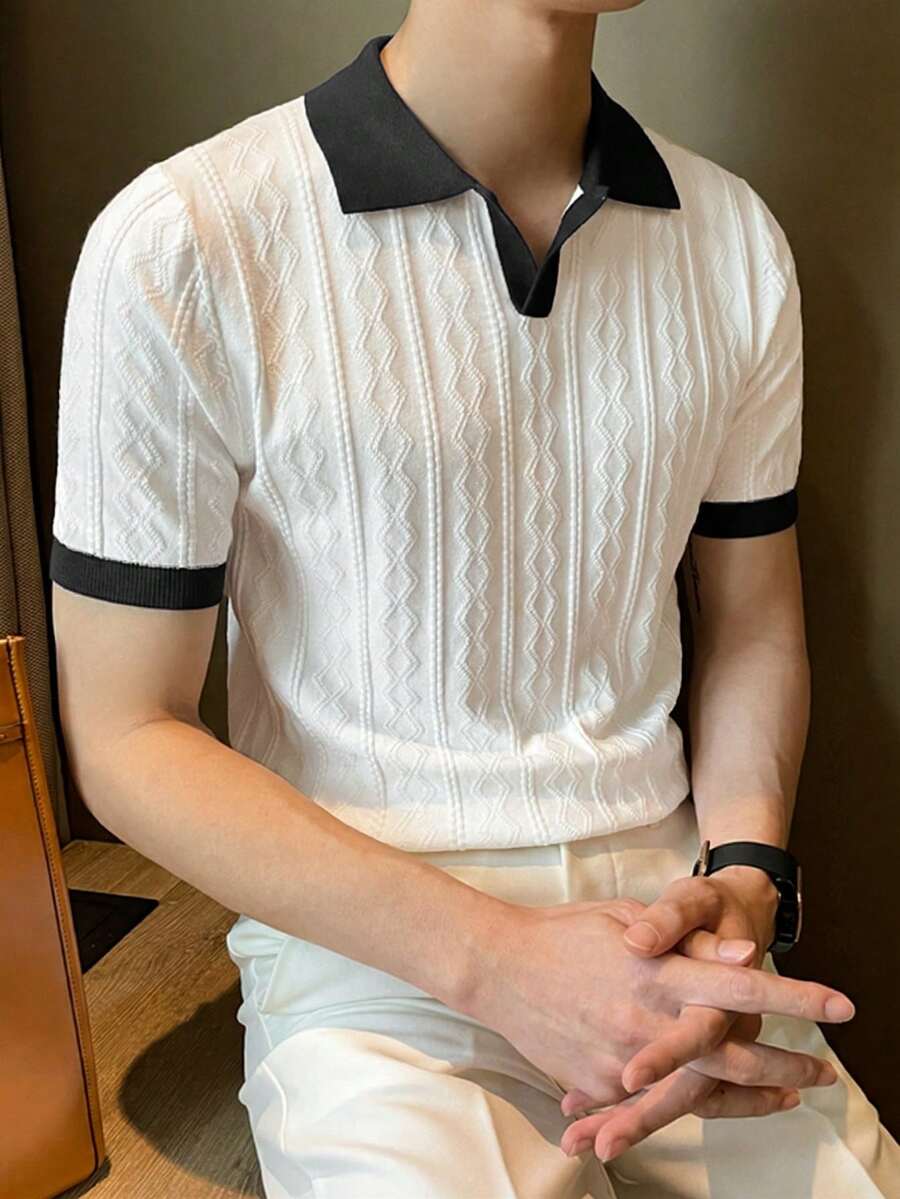 ALTZTAR Men's Contrast Color Short Sleeve Knitted Cable Textured Polo Shirt