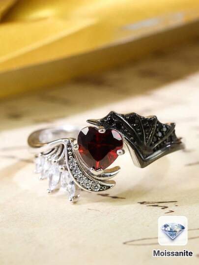 1 pieza Anillo de corazón de ángel y demonio de plata S925, decorado con un corazón de moissanita de 6 mm, personalizado de lujo, adecuado para Halloween, Día de Todos los Santos, regalo de joyería para amigos