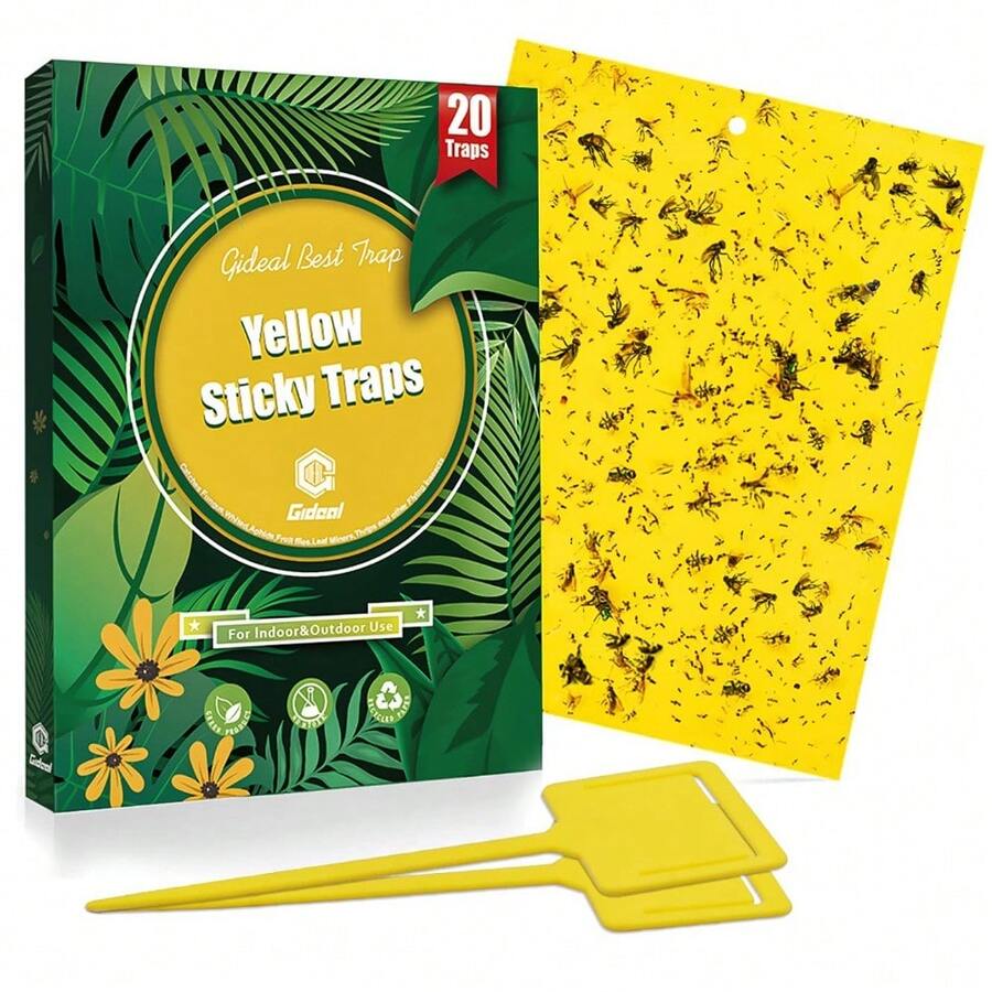 Gideal 20-Pack Dual-Sided Yellow Sticky Traps For Flying Plant Insect Such As Fungus Gnats, Whiteflies, Aphids, Leafminers,Thrips - (6x8 Inches, Included 20pcs Twist Ties) - 20-pack - View 1