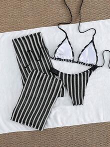 3 piezas Conjunto de bikini de punto a rayas sexy - Top triangular + Bottom de cintura baja + Pantalones de pierna ancha ajustables| Traje de baño de vacaciones en la playa retro Verano Rojo - Blanco y Negro - Ver 4