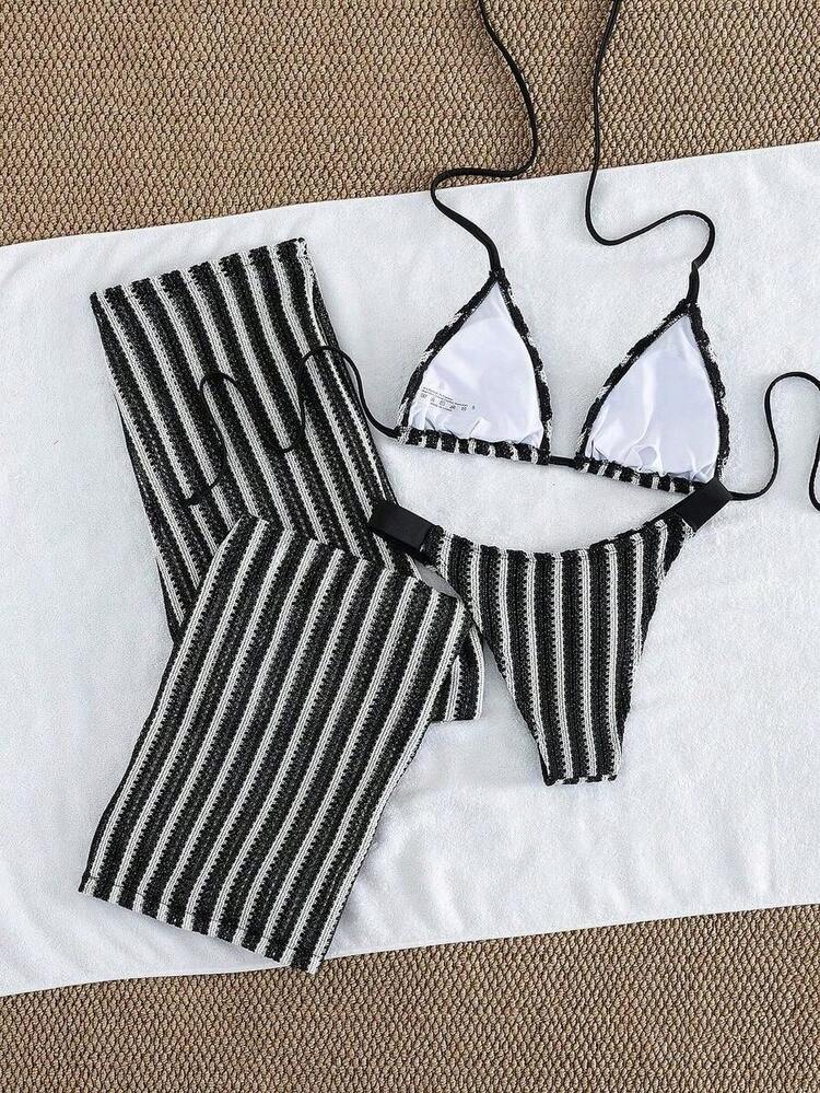 3 piezas Conjunto de bikini de punto a rayas sexy - Top triangular + Calzoncillos de cintura baja + Pantalones de pierna ancha con tirantes ajustables| Traje de baño de vacaciones de playa r - Blanco y Negro - Añade 4