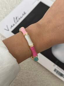 1pc Coastal Vacation Style Pink Enamel Bangle, Luxury Niche Design Starfish & Shell Decor Multi-Layer Bracelet For Women - Gold Pink - View 9