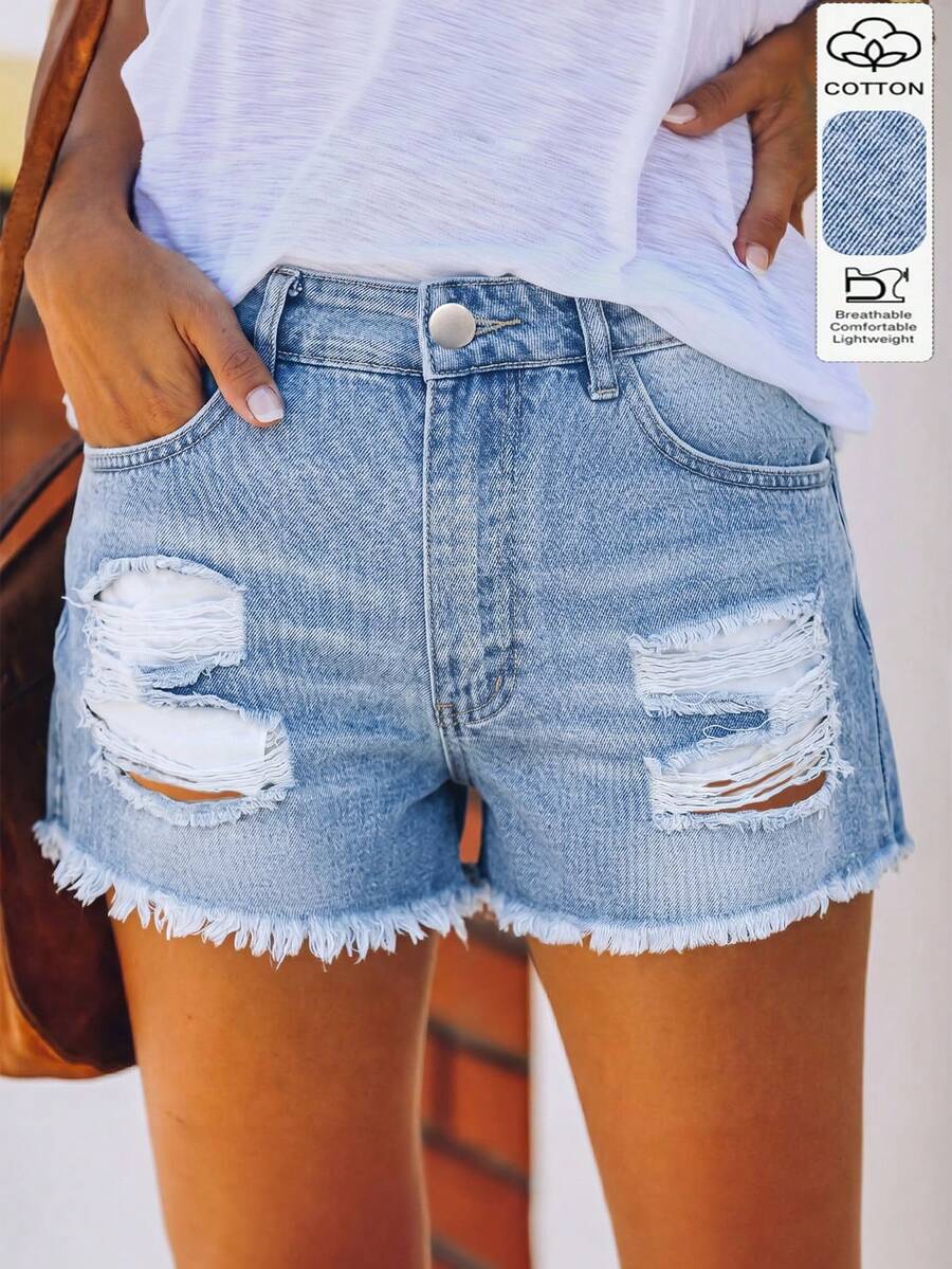 Shorts vaqueros de mujer con pierna recta desgastados y dobladillo deshilachado, estilo europeo y americano, casual para primavera/verano - Lavado ligero - Ver 1