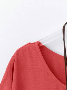 Camisa de mujer de estilo occidental casual de unicolor con cuello redondo, manga larga y puño acampanado, de tela de poliéster suave y ligera, adecuada para uso diario y ropa de estar en primavera/verano - Rojo sandía - Ver 4
