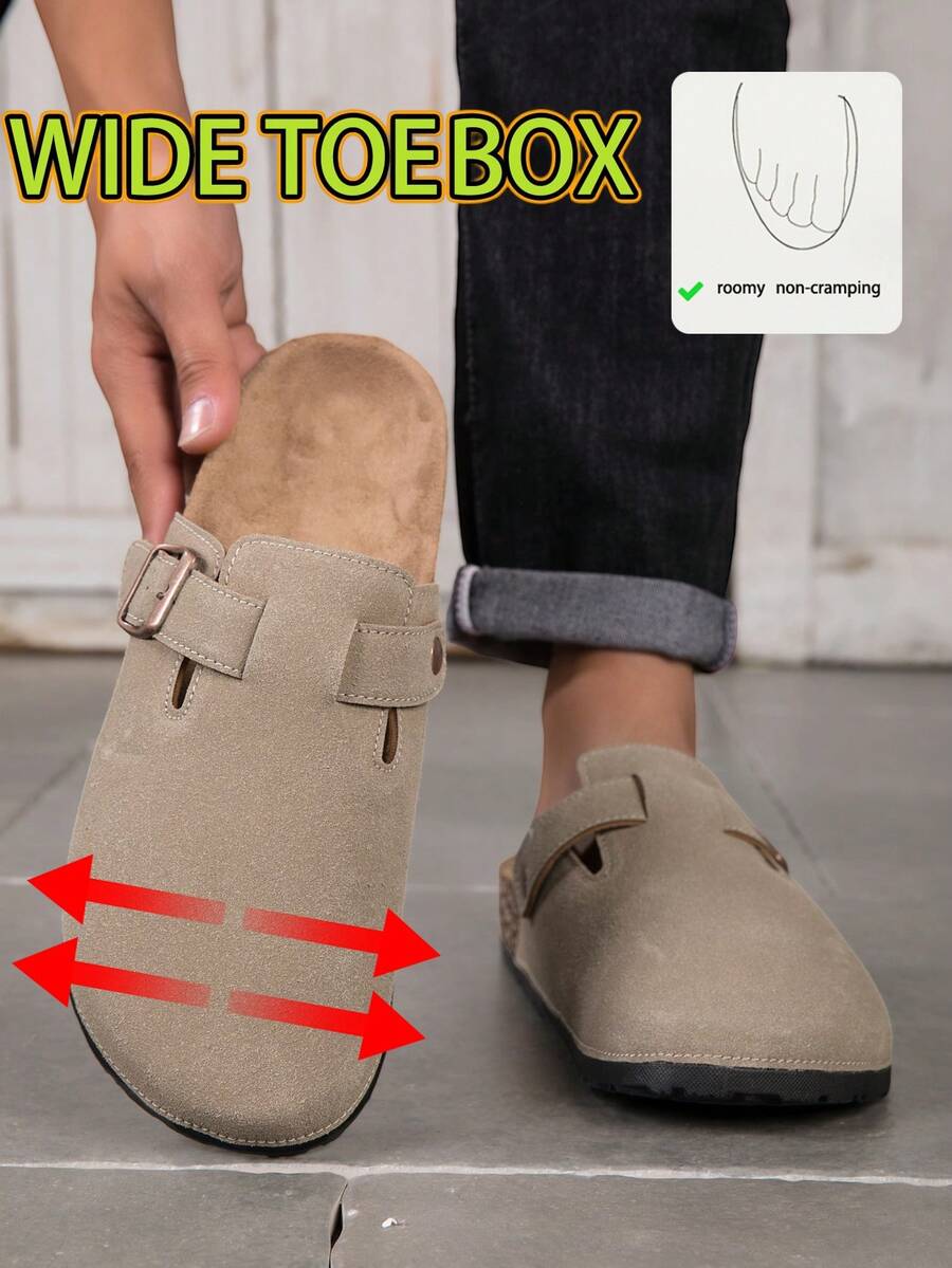 Khaki Comfort Slippers Men's Easy-On Home Shoes, Cork-Like Footbed With Arch Support, PVC Sole And Decorative Buckle - 卡其色 - 查看 1