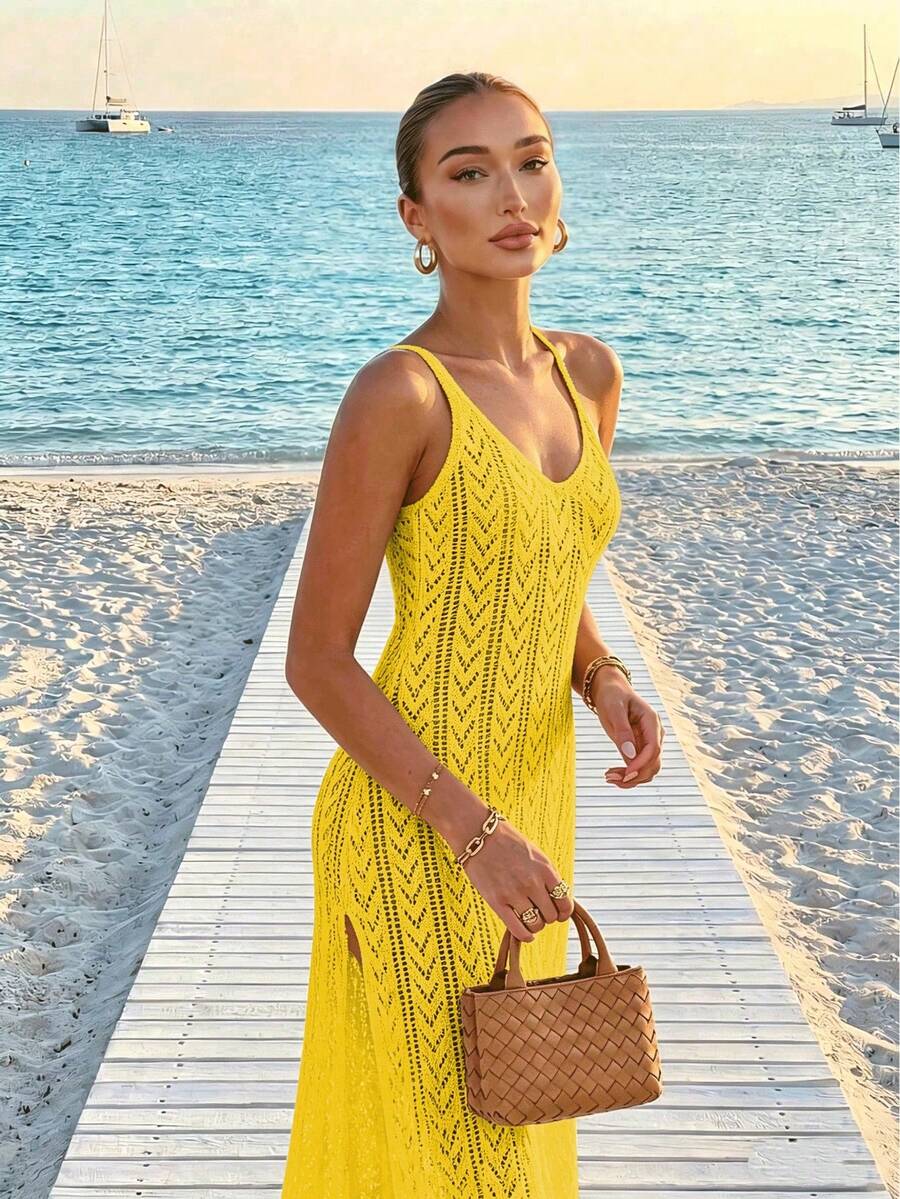 2026夏季鉤編鏤空無袖開衩泳裝罩衫，女款夏季洋裝，優雅女士度假穿搭，郵輪穿著，黃色
