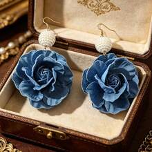 1 Đôi bông tai dáng dài phong cách Bohemian phương Tây đính hoa hồng denim và ngọc trai giả, thích hợp cho phụ nữ đeo khi đi biển và dự lễ hội. - Màu xanh hải quân - Xem 4