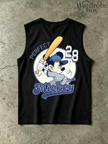 Disney Licensed Men's Sleeveless Printed Vest, Mickey Mouse Baseball Number 28 Jersey Pattern Printed Vest, Suitable For Both Men And Women, High-Quality Vest, Suitable For All Seasons, Comfortable And Breathable, Exquisite Design, Best Choice For Gifts - màu đen - Xem 3