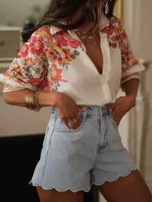 Women's Floral Print Long Sleeve Button-Up Shirt, Polyester Collared Regular Fit Top, Suitable For Summer Outings Vacation - Beige - View 4