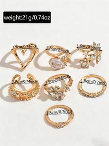 Set de 7 anillos Y2K con camelia, corazón y strass, regalo de fiesta para mujer (abiertos y ajustables) - Amarillo Oro - Ver 4