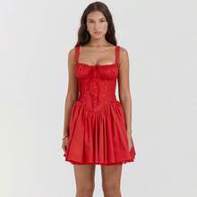 Women's Off Shoulder Lace Trim Bow Tie Corset Bodice Flare Mini Dress Cottagecore Fairycore Casual Summer Beach Vacation Sweet Elegant Dresses For Women - màu đen - Xem 5
