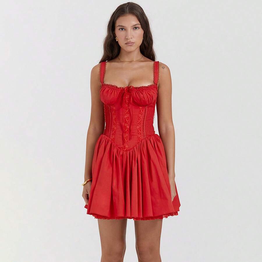 Women's Off Shoulder Corset Lace Trim Mini Dress A Line Fit And Flare Summer Romantic Party Date Clubwear Vintage Elegant White Dress - 紅色 - 查看 1