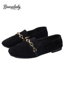 Breezelady Women's Black Faux Suede Slip-On Loafers With Chunky Gold Chain Embellishment - Soft Sole Comfort Flat Shoes For Casual Office Daily Streetwear - 黑色 - 查看 2