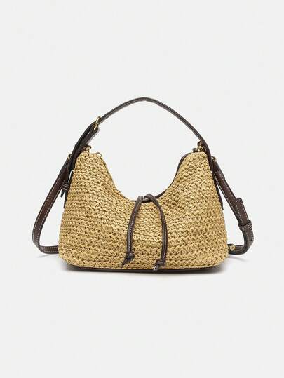 Bolso de mujer tejido de rafia para debajo del brazo, nuevo para el verano. Bolso de baguette de media luna con cordón retro. Bolso de hombro cruzado de paja tejida de nicho, adecuado para la playa, el transporte y versátil.