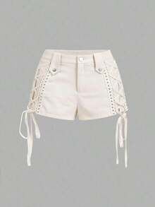 Apricot Cross-Strap Studded Vintage 70s Shorts – Western Style, Vintage College Look, Perfect For Commuting, Office, Country Style, Date, Party, Picnic, Holiday, Festival, Birthday, Vacation, Beachwear, Retro Glam Shorts,Summer,Spring, Birthday Outfit,Summer Top Music Festival Outfits Women Trending Outfit For 2026 Yk Outfits Zoey Outfit Paris Outfits Women Summer - Blanco - Ver 6