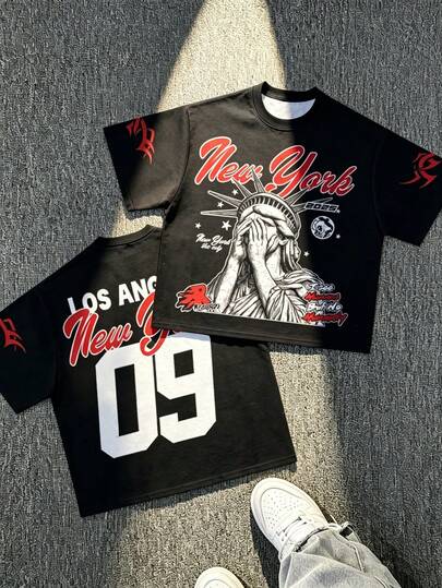 Men's Loose Fit Black T-Shirt With "New York" Statue Of Liberty Palm Print, New York City Street Style Graphic Tee