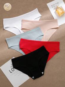 5 piezas Bragas de mujer de alta elasticidad acanaladas, diseño de letras de unicolor de talle bajo, ropa interior cómoda y ajustada para damas - Multicolor - Ver 4