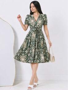 Women's Printed Dress, Flared, Casual, Elegant, Romantic Fabric - Olive Green - View 1