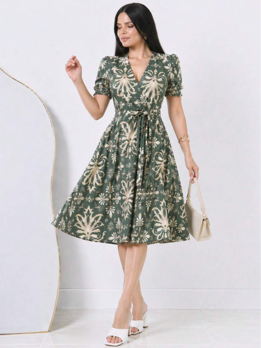 Women's Printed Dress, Flared, Casual, Elegant, Romantic Fabric - Olive Green - View 1
