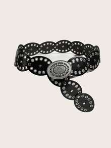 1pc Women's Bohemian Style Black Patchwork Vintage Metal Belt, Suitable For Dresses, Jeans, Music Festival, Commuting - Black - View 9