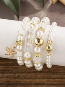 Set de 4 piezas de nuevos brazaletes multicapa con estrella de mar, perla y cristal, brazaletes bohemios creativos con cuentas para niña - Multicolor - Ver 6